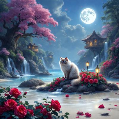 The primary subject of the image is a white cat sitting on a rock in a beautiful garden setting. The garden is filled with flowers, including pink and red ones, and there are waterfalls in the background. The visual style of the image is digital art, creating a vibrant and lush atmosphere. The dominant colors in the image are pink, red, and white, which contribute to the overall mood of the scene.